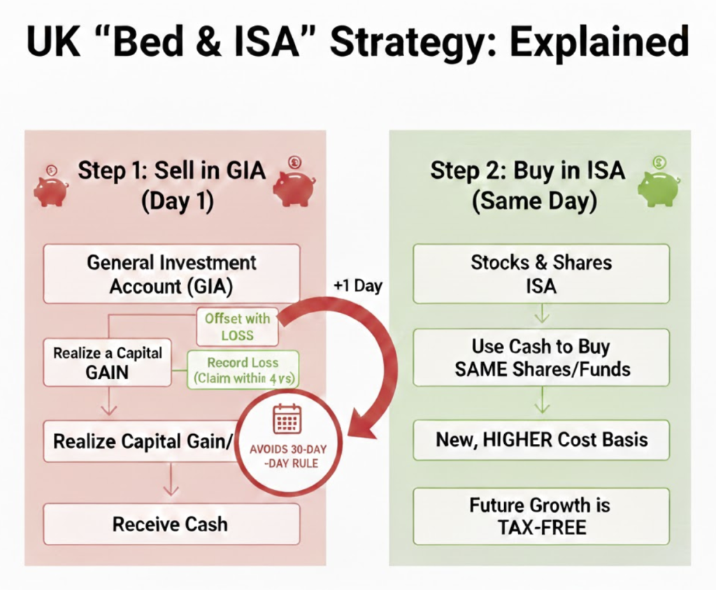 Infographic explaining the UK Bed and ISA strategy, showing the process of selling shares in a General Investment Account (GIA) to harvest capital gains or losses before reinvesting in a tax-free Stocks and Shares ISA.