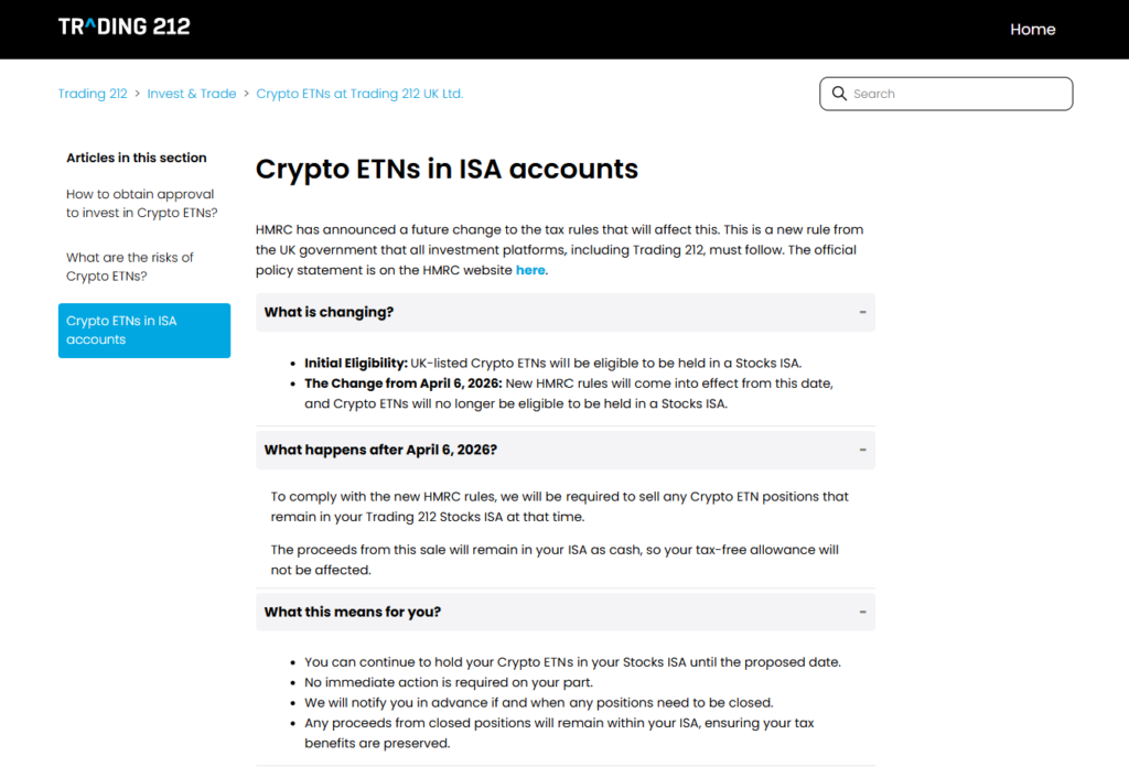 Crypto Bitcoin ETN in ISA accounts after April 06th 2026 in Trading 212