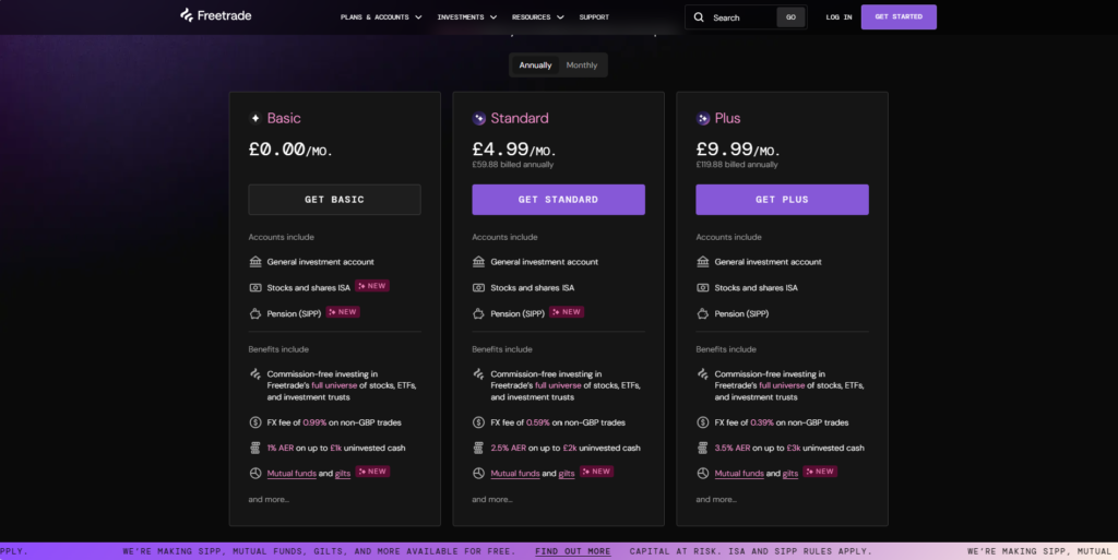 Freetrade 2026 subscription tiers showing £0 Basic plan for ISA and SIPP compared to Standard and Plus tiers