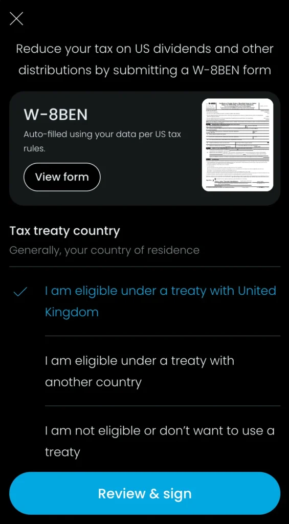 Trading 212 mobile app screen displaying the W-8BEN digital signature prompt for US stock trading eligibility